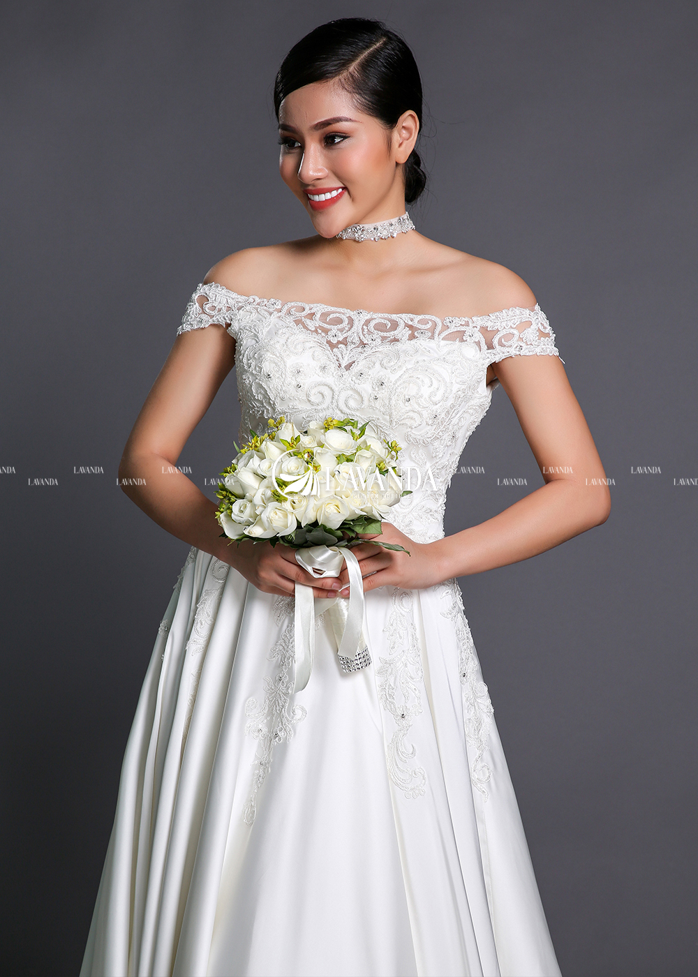 Off-The-Shoulder Wedding Dress With Beaded Lace Bodice
