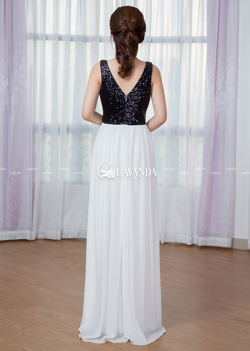 V-NECK DRESS WITH BLACK SEQUIN BODICE