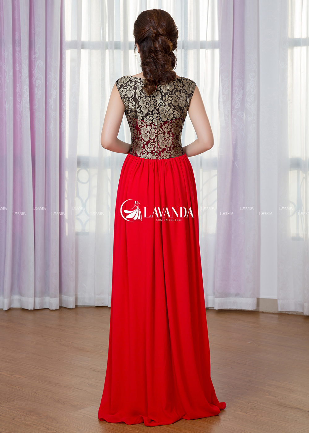 BOAT NECKLINE CHIFFON BRIDESMAID DRESS WITH LACE BODICE