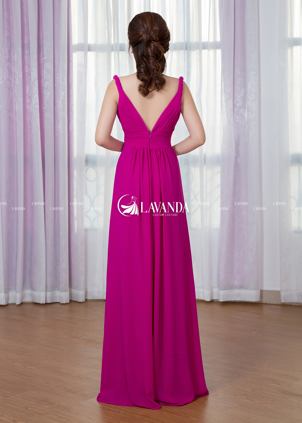 V NECK PLEATED CHIFFON BRIDESMAID DRESS