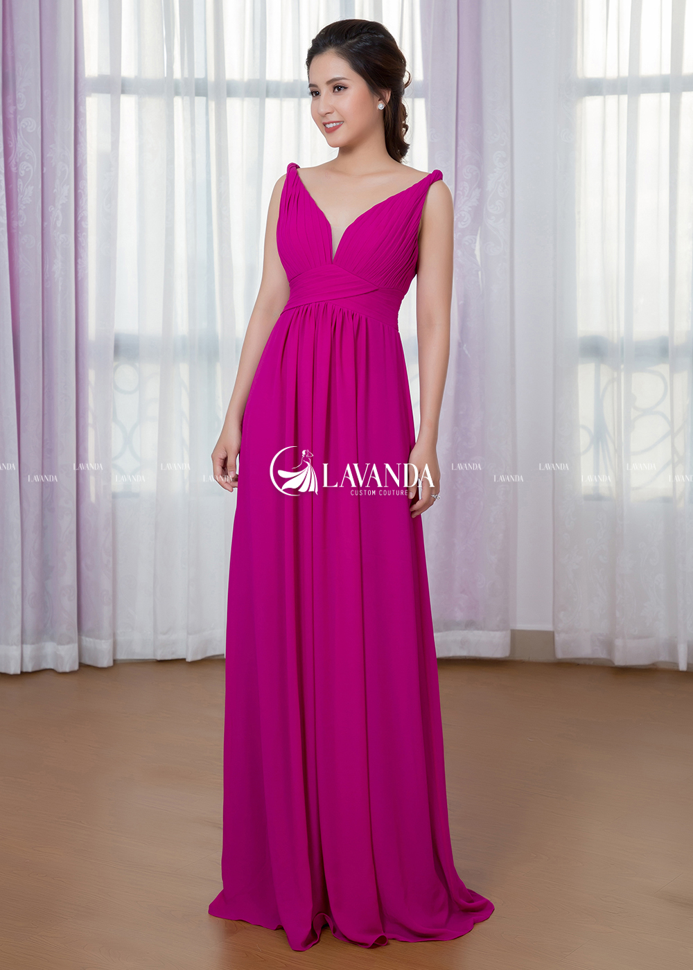 V NECK PLEATED CHIFFON BRIDESMAID DRESS