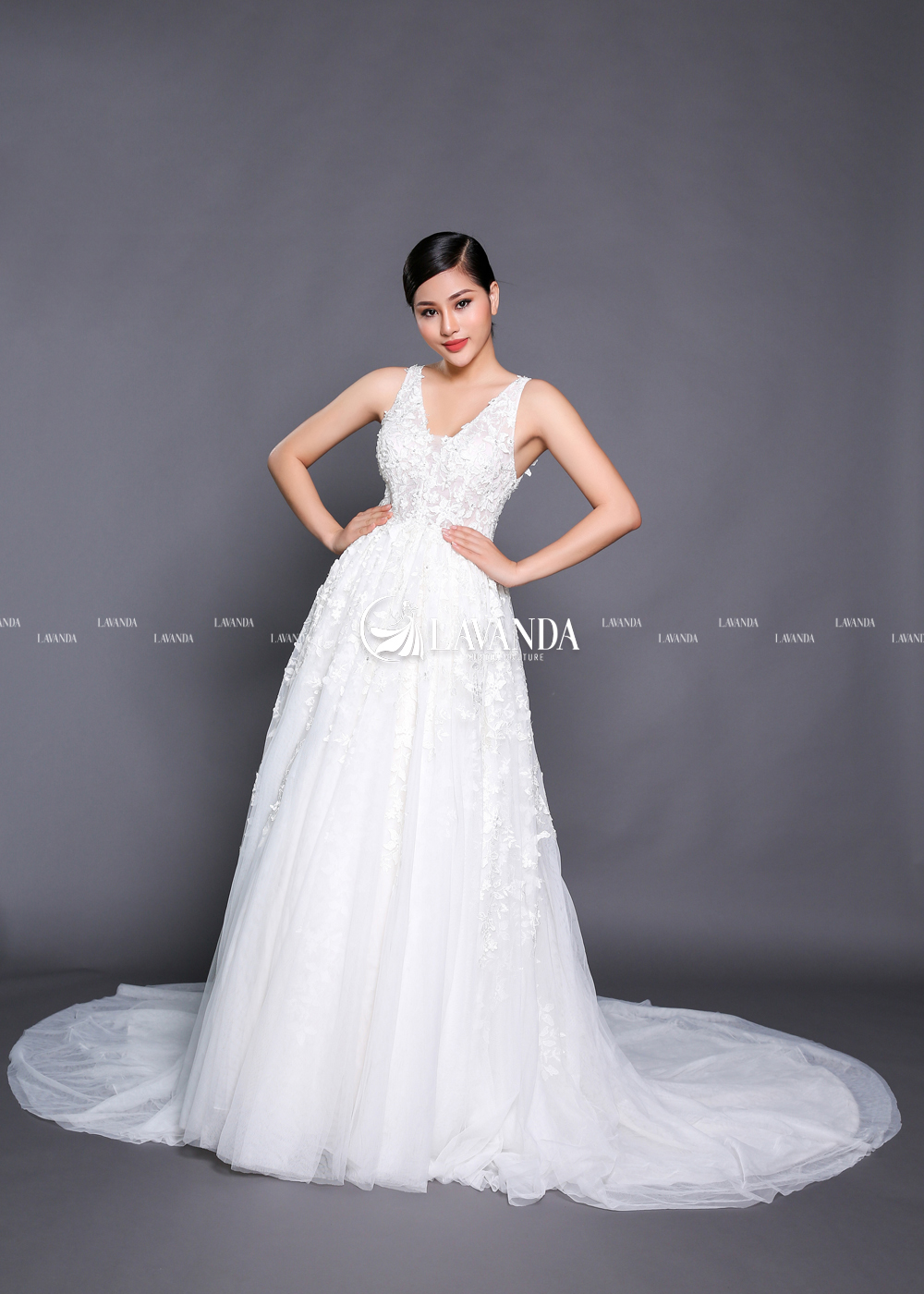 V-Neck Beaded Lace Wedding Dress