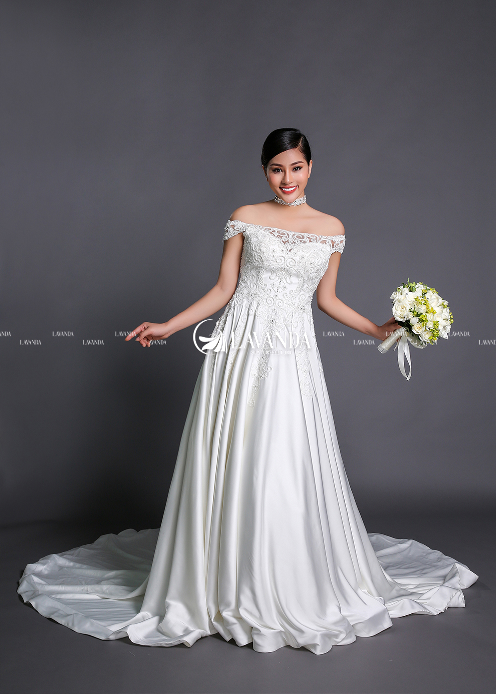 Off-The-Shoulder Wedding Dress With Beaded Lace Bodice